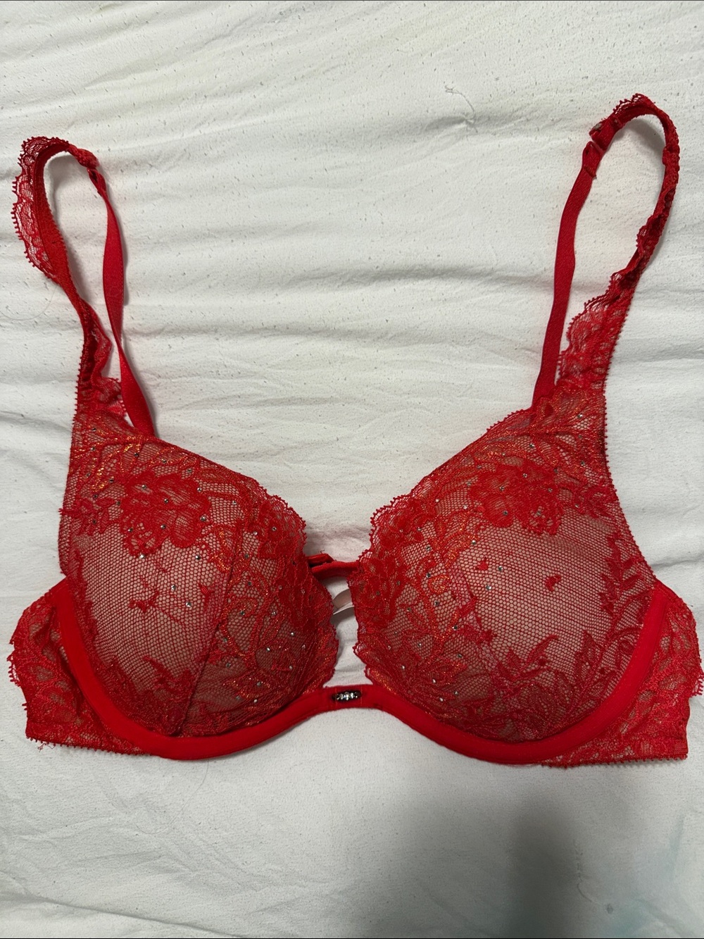 Victoria's Secret Red Lace Underwire Bra with Floral Embroidery